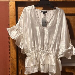 Rouge Helium Ivory Satin V-Neck Ruffle Peplum Blouse